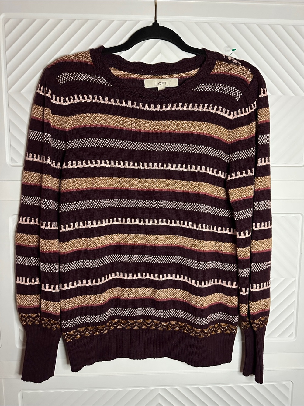 LOFT Burgundy, Tan and Pink Striped Crewneck Sweater